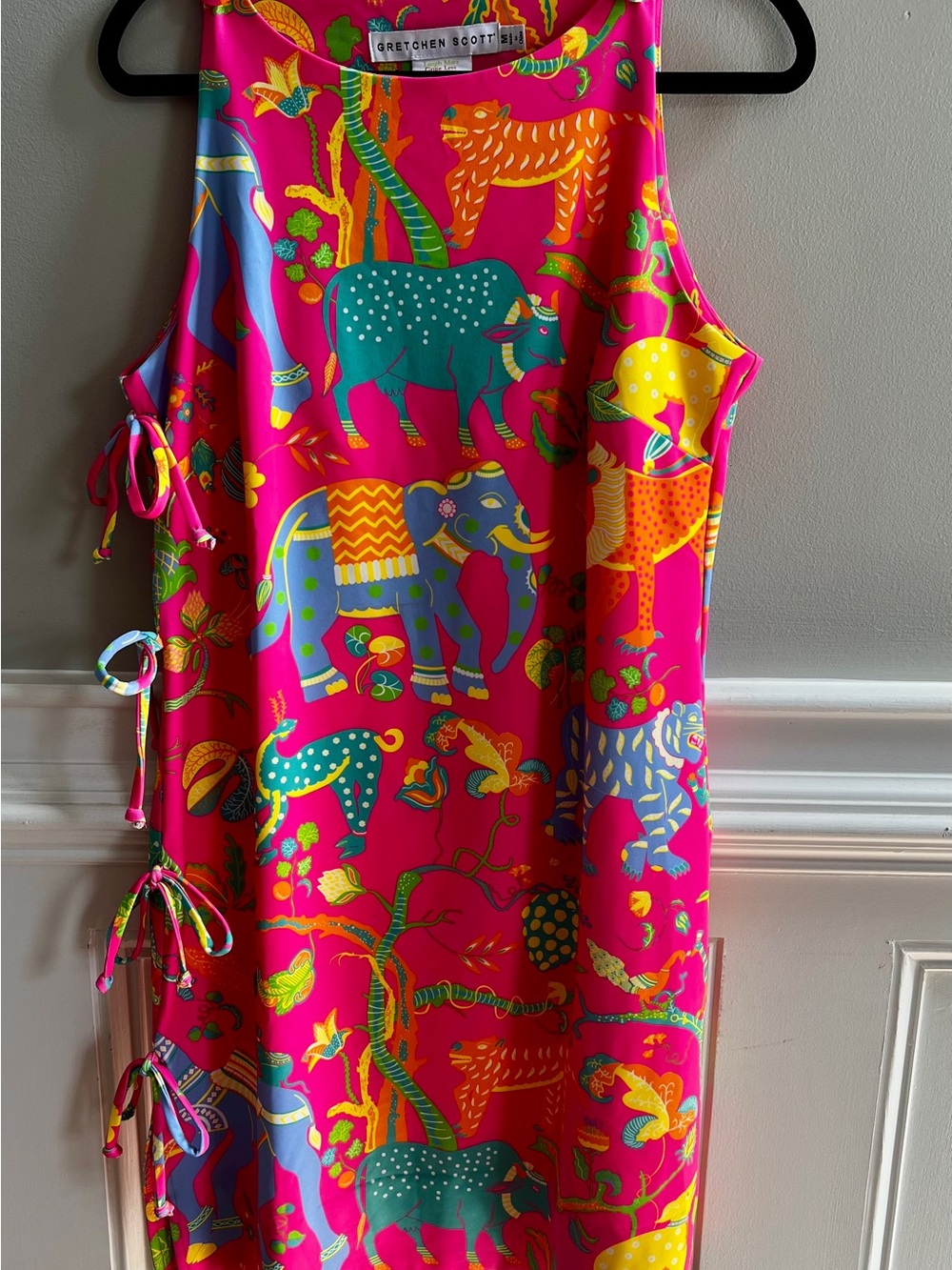Gretchen Scott Size M Pink Animal Elephant Tiger Print Tie Side Shift Dress